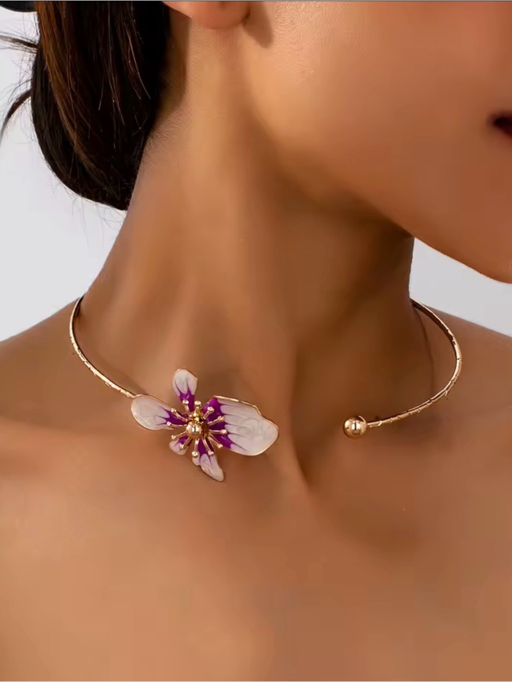 Purple & White Floral Gold-Tone Open Collar Necklace